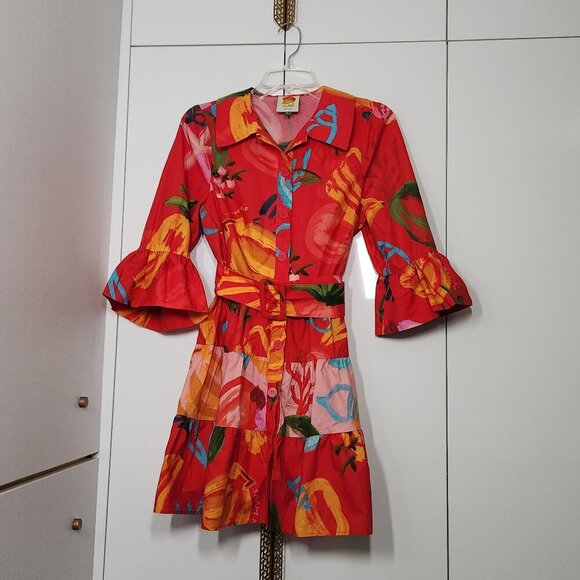 Farm Rio Red Mixed Fruits Ocean Mini Dress Size S - Picture 3 of 11